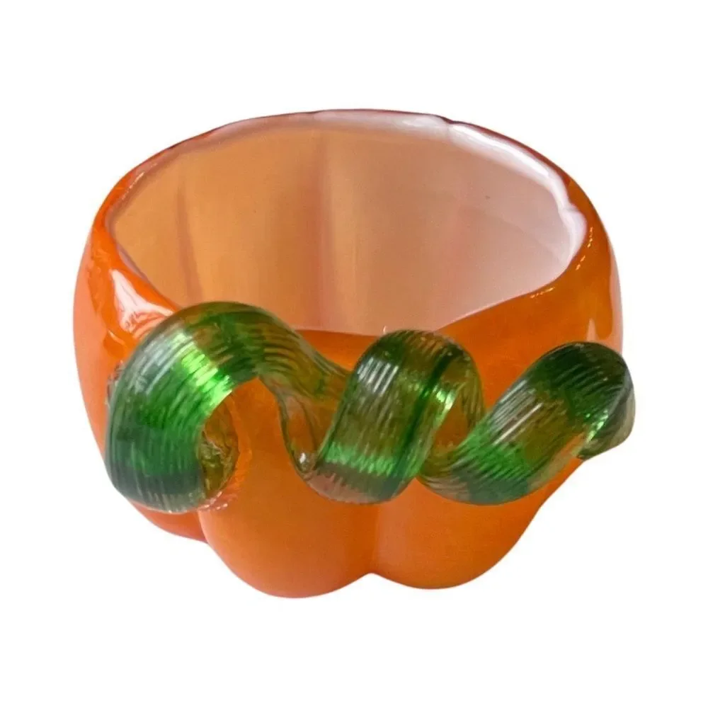 Hand Blown Art Glass Deco Pumpkin Bowl Vase Planter Swirl NWT